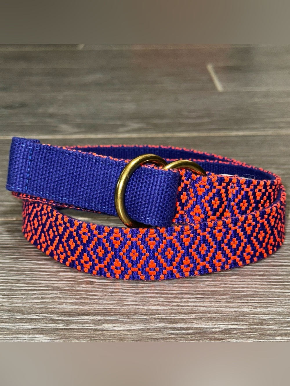 J. CREW Woven D-Ring Belt Women’s S/M Orange Navy Pattern Preppy Colorful Chic